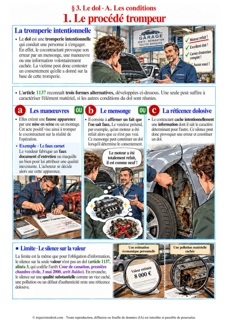 Page 46 du cours, les trois formes du dol et la limite du silence sur la valeur