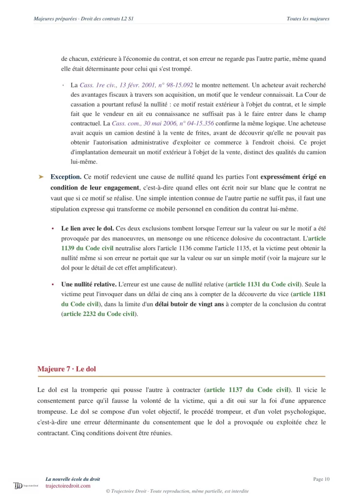 Majeure préparée, Droit des contrats L2 Semestre 1, page 10, fin de la majeure sur l'erreur et début de la majeure sur le dol