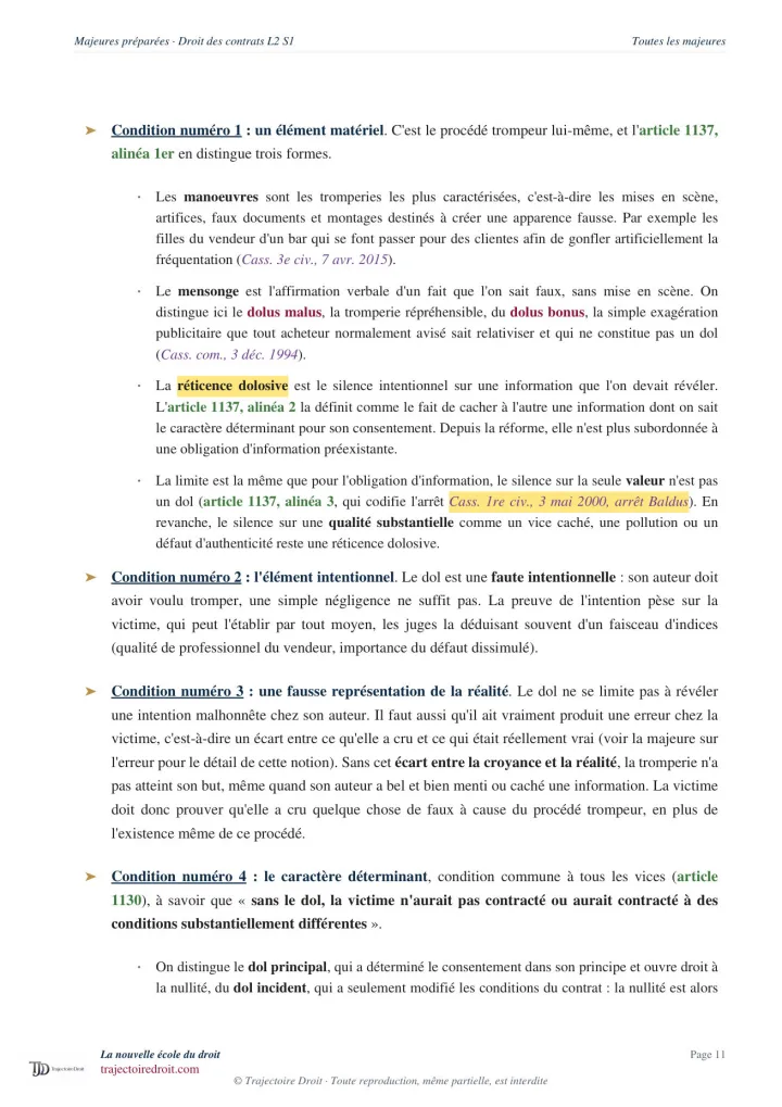 Majeure préparée, Droit des contrats L2 Semestre 1, page 11, les cinq conditions du dol