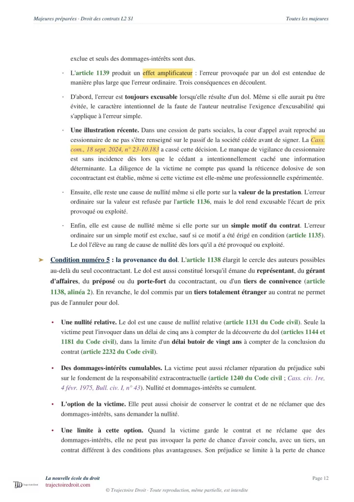 Majeure préparée, Droit des contrats L2 Semestre 1, page 12, les effets du dol