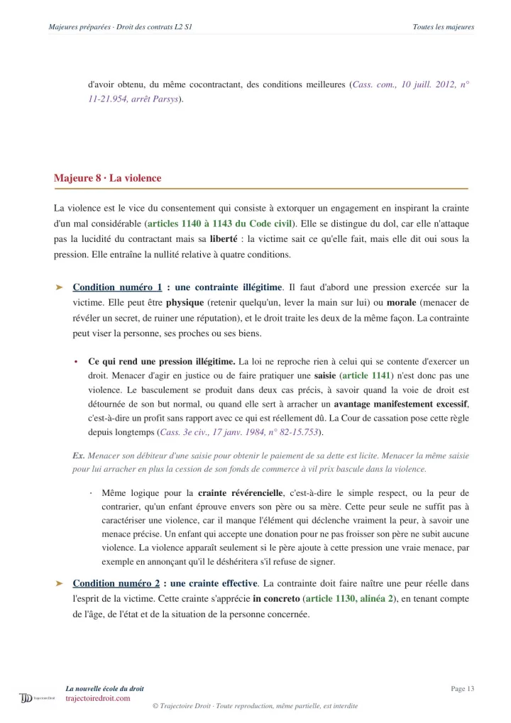 Majeure préparée, Droit des contrats L2 Semestre 1, page 13, début de la majeure sur la violence