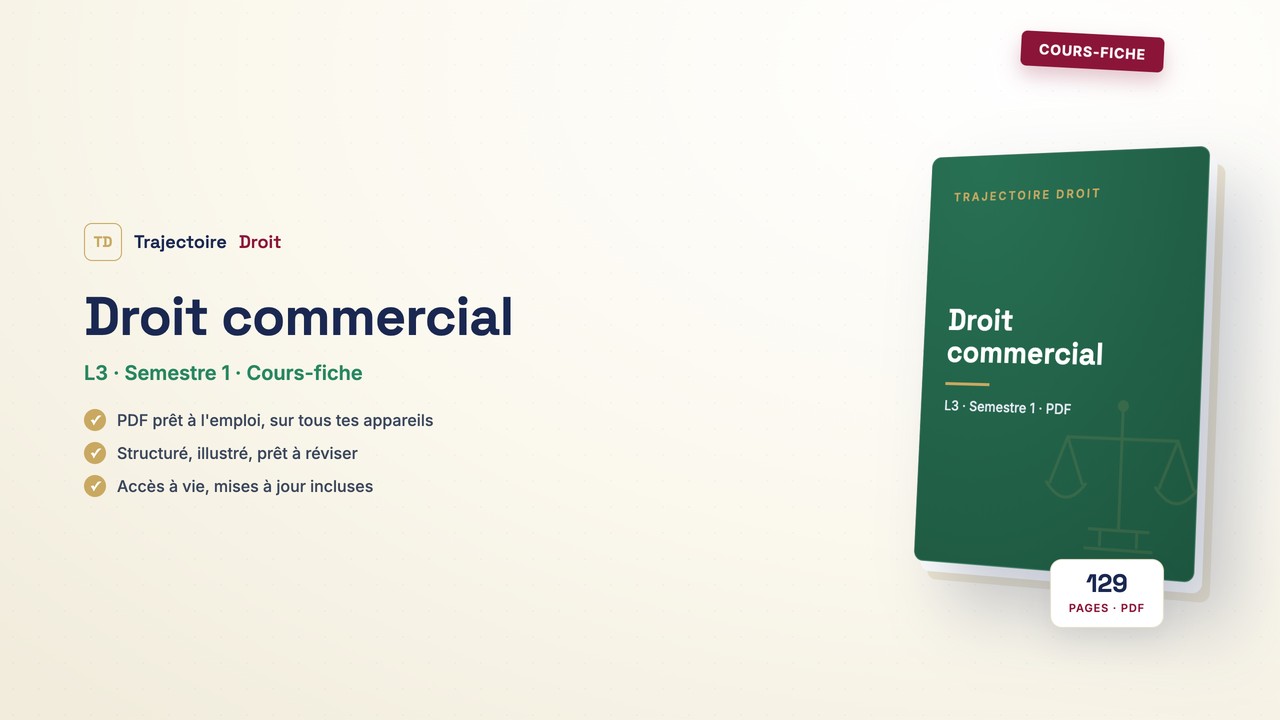 Droit commercial, cours-fiche, couverture Trajectoire Droit