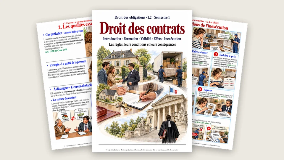 Trois pages du cours Le droit des contrats en images, la couverture, l'erreur sur les qualités essentielles et les sanctions de l'inexécution