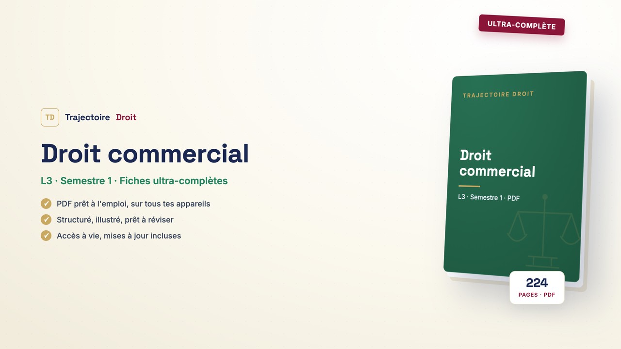 Droit commercial, fiche ultra-complète, couverture Trajectoire Droit
