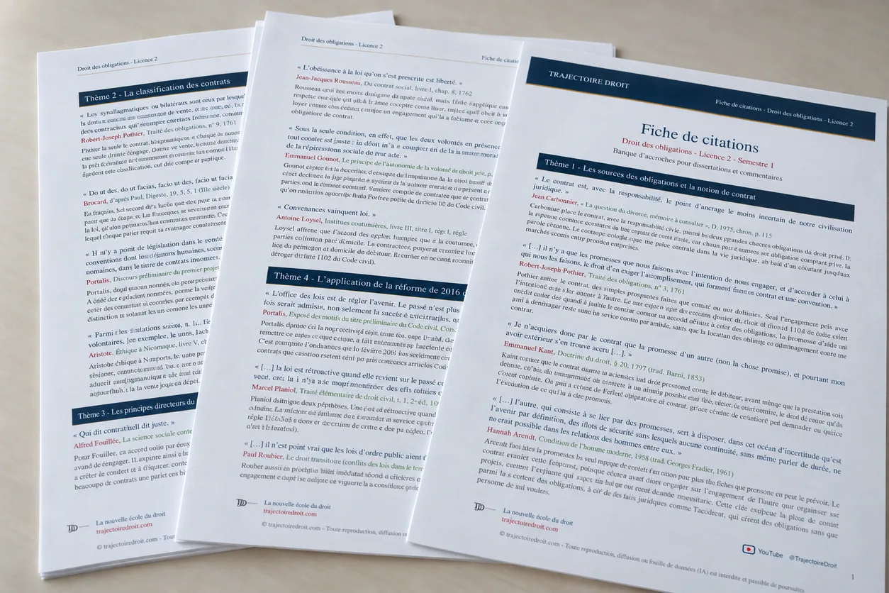 Fiche de citations de Droit des obligations L2 S1 imprimée, ouverte sur les citations classées par thème