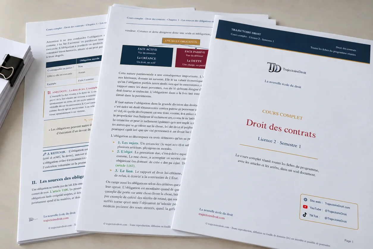 Pages imprimées du cours complet de Droit des contrats L2 S1, avec la couverture au premier plan et, derrière, la fiche sur les sources des obligations