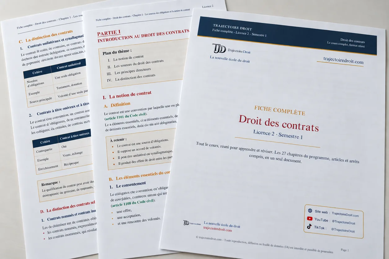 Fiche complète de Droit des contrats L2 S1 imprimée et posée sur un bureau, la couverture devant et l'introduction au droit des contrats derrière