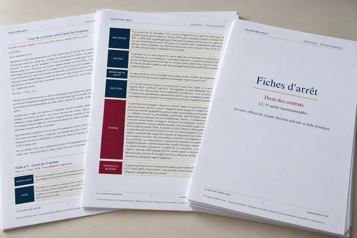 Recueil de fiches d'arrêt de Droit des contrats L2 imprimé, la page de titre devant et la fiche de l'arrêt Canal de Craponne derrière